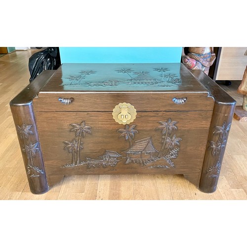 433 - A 20th century Chinese camphor lined chest/ blanket box, carved and inlaid with landscapes and figur... 