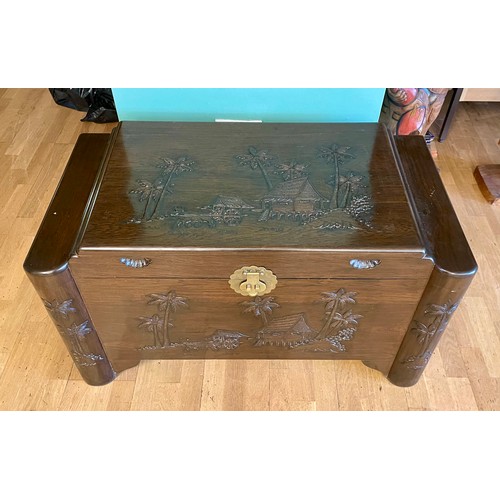 433 - A 20th century Chinese camphor lined chest/ blanket box, carved and inlaid with landscapes and figur... 