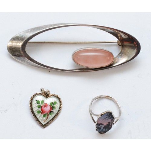 4 - N.E. From, a Danish silver and pink quartz oval brooch, 64mm, David Anderson, a Danish silver and en... 