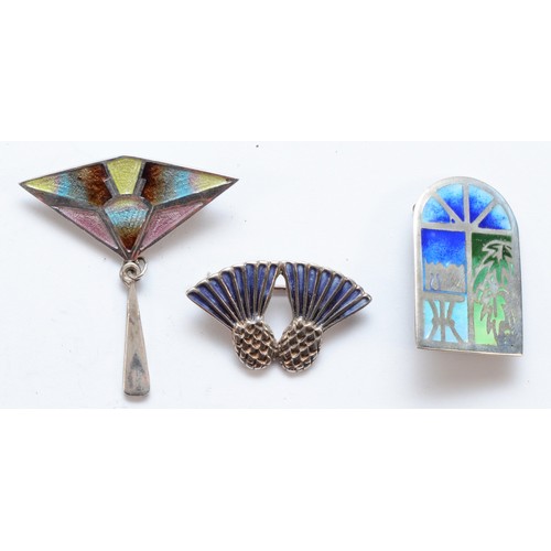 5 - Three silver and enamel brooches, two believed to be by Malcom Gray, 15gm