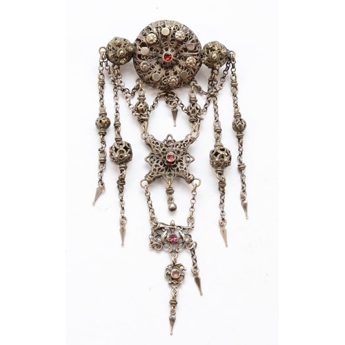 7 - A late 19th century Austro Hungarian low grade silver and garnet tassel brooch, 10.5cm, 29gm