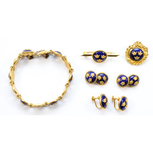 13 - Sporrong & Co, a Swedish enamel and gilt metal suite of bracelet, two brooches and a pair of cufflin... 