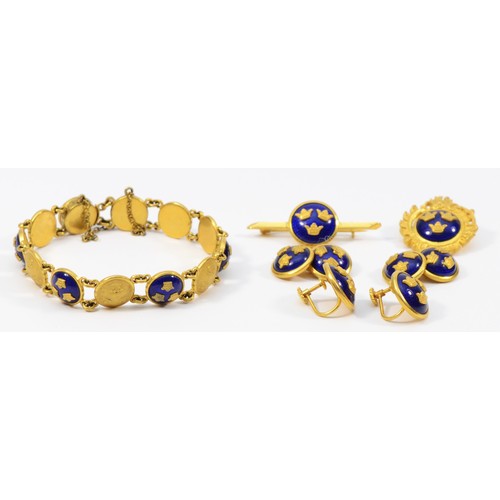 13 - Sporrong & Co, a Swedish enamel and gilt metal suite of bracelet, two brooches and a pair of cufflin... 