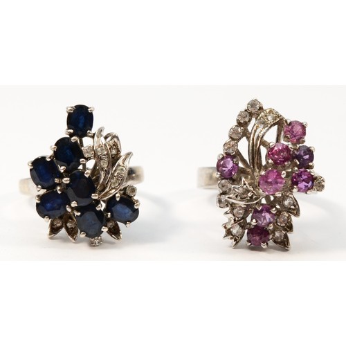 20 - A silver and sapphire abstract cluster ring, size P and a similar ruby example, N, 12gm