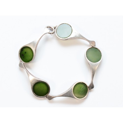 21 - An 835 silver and nephrite panel link bracelet, 18.5cm, 20gm