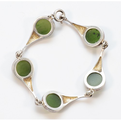 21 - An 835 silver and nephrite panel link bracelet, 18.5cm, 20gm