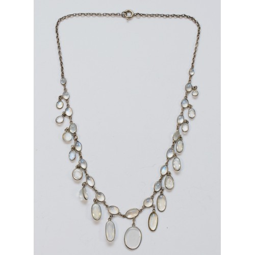 53 - A silver and moonstone spectacle set necklace, 39cm, 10gm