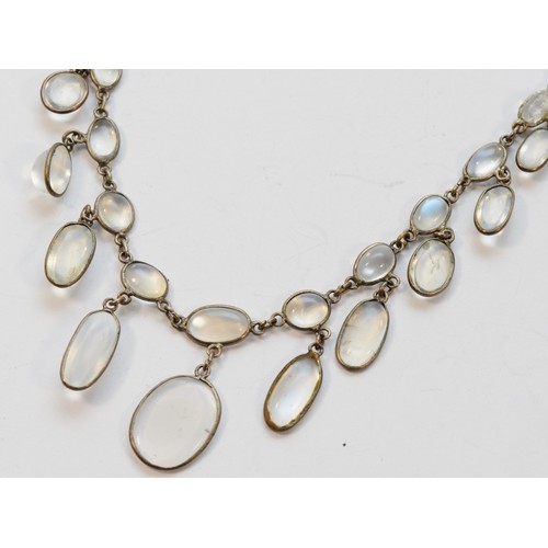 53 - A silver and moonstone spectacle set necklace, 39cm, 10gm