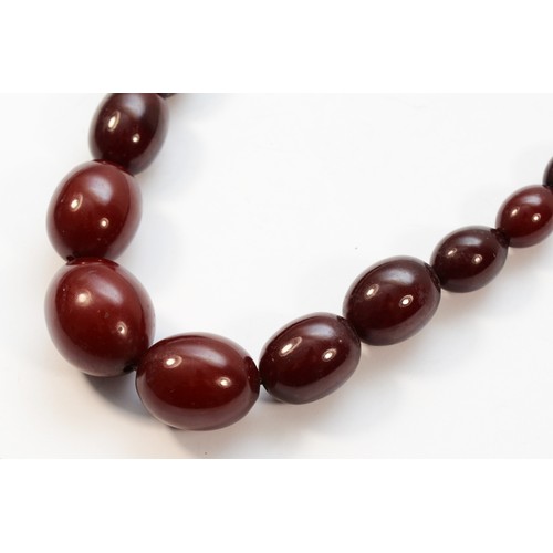 54 - A cherry amber Bakelite graduated bead necklace, the largest 28 x 20mm, 81gm.