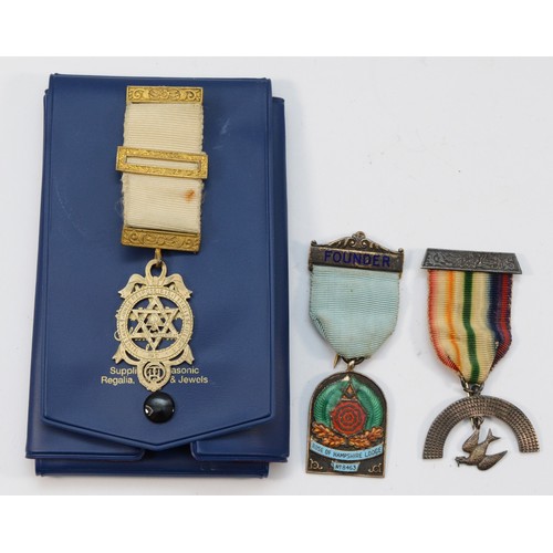 79 - Three silver and enamel Masonic Jewels, including Rose of Hampshire Lodge, 50gm