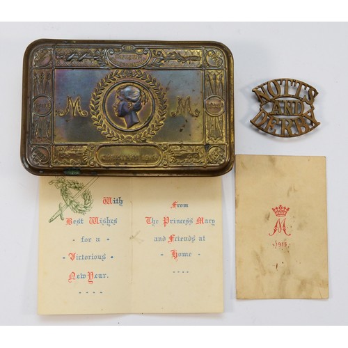 81 - Queen Mary Christmas 1914 tin with card and Notts and Derby cap badge