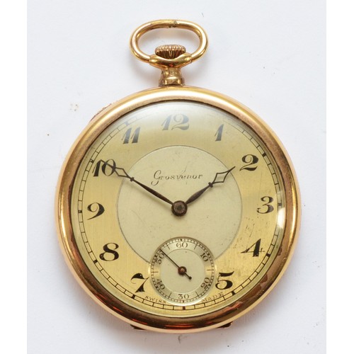 122 - Grosvenor, a gold plated keyless wind open face pocket watch, 45mm, working when catalogued