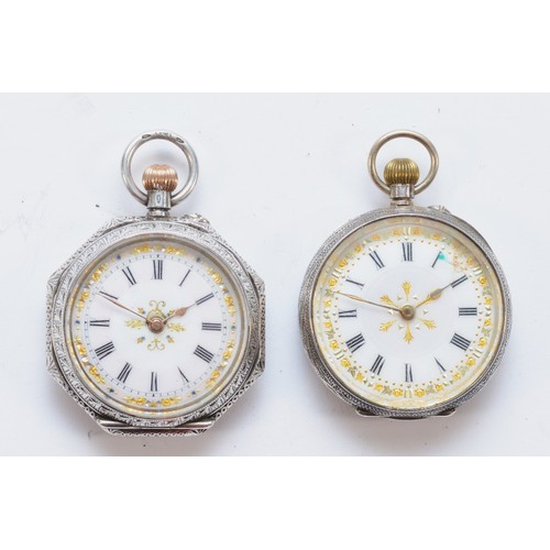 124 - Two 0.935 standard silver keyless wind ladies fob watches, both 35mm