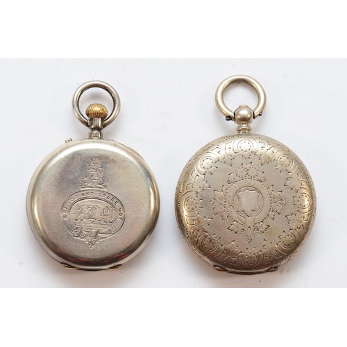 125 - Two 0.935 standard silver ladies fob watches, one with Coat of Arms engraved back, 35 and 38mm