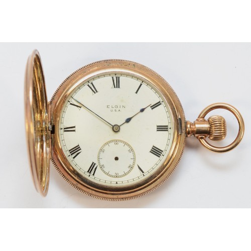 137 - Elgin, a gold plated keyless wind half haunter pocket watch, double roller 15 jewel movement numbere... 