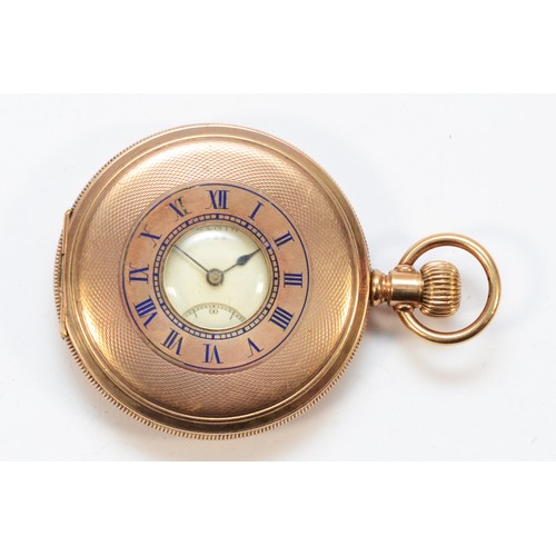 137 - Elgin, a gold plated keyless wind half haunter pocket watch, double roller 15 jewel movement numbere... 