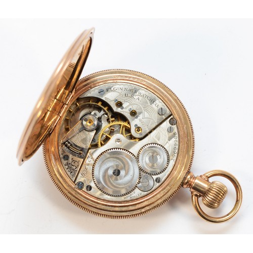 137 - Elgin, a gold plated keyless wind half haunter pocket watch, double roller 15 jewel movement numbere... 