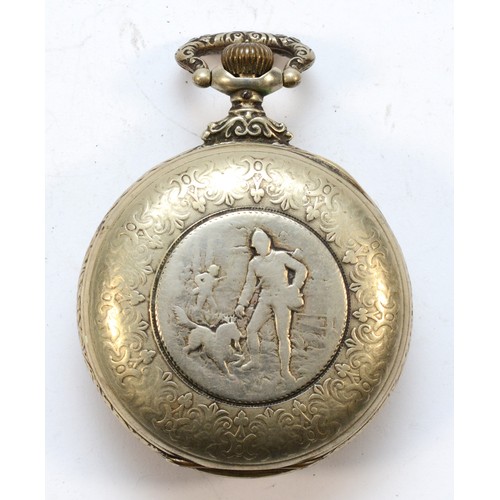 150 - New Haven, Connecticut, an American open face keyless wind pocket watch, with hunting scene to back ... 