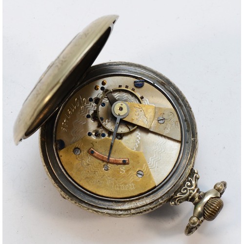 150 - New Haven, Connecticut, an American open face keyless wind pocket watch, with hunting scene to back ... 