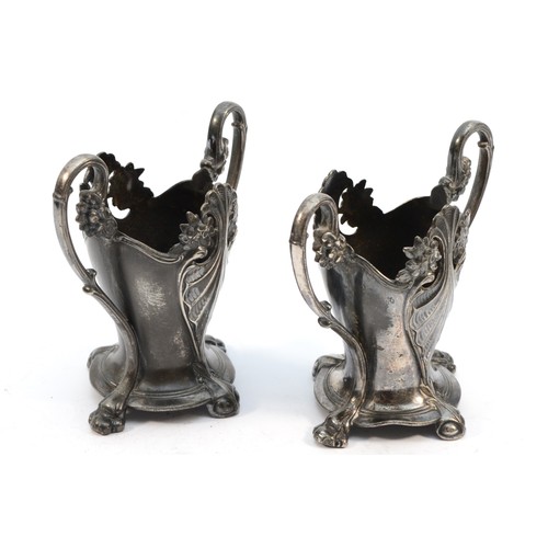 294 - WMF, a pair of pewter two handled glass vase holders, c.1905, stamped B, Beehive, I/O, OX, model 139... 