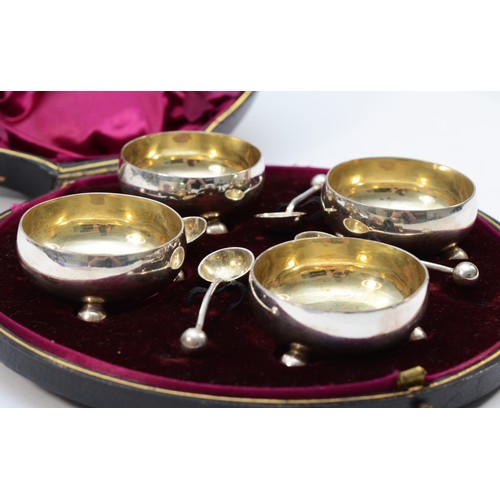 295 - A Victorian silver set of four salt pots with spoons, by Martin & Hall, Sheffield 1890, spoons 1888,... 