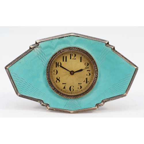 298 - A silver and guilloche enamel desk clock, Birmingham c.1925, hallmarks hidden by the movement, 13.5 ... 