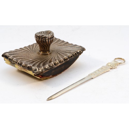 302 - A silver skewer letter opener, London 1953, Coronation mark, 16.5cm and a silver desk blotter, proba... 