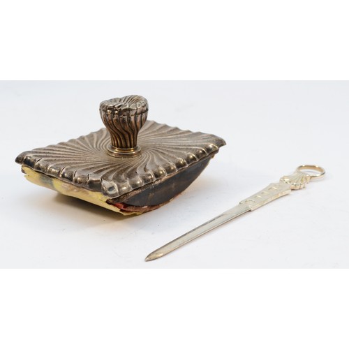 302 - A silver skewer letter opener, London 1953, Coronation mark, 16.5cm and a silver desk blotter, proba... 