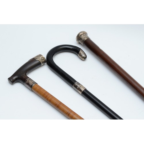 304 - A silver mounted hardwood cane, Birmingham 1894?, 89cm and two other silver mounted walking sticks, ... 