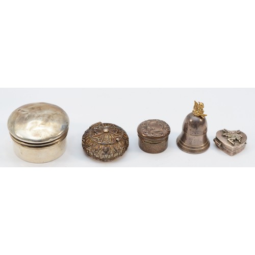 320 - A silver bell shape pill box, Birmingham 2002 with fairy surmount, and four other silver boxes