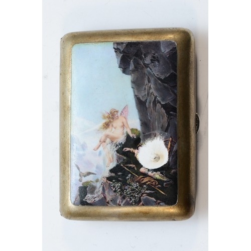 A silver plated and enamel cigarette case, decorated with a fairy on a mountain pass, after M. Laube, damaged image, monogram verso, 9 x 6.5 x 1.5cm,