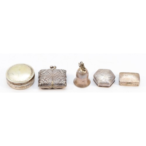 327 - A silver bell shape pill box, Birmingham 1991, with fairy surmount, three silver boxes and a 925 sil... 