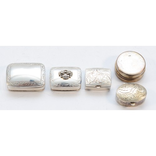 328 - A silver circular pill box, Millennium hallmarks, three silver pill boxes and a 925 silver pill box,... 