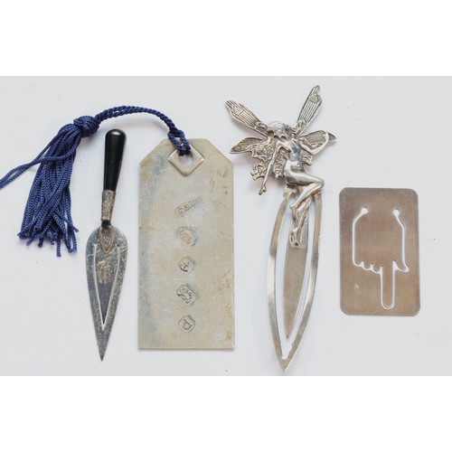 335 - Three silver book marks and a 925 silver fairy book mark.