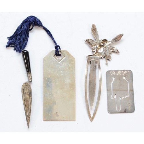 335 - Three silver book marks and a 925 silver fairy book mark.