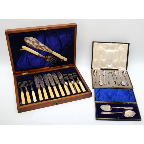 86 - A cased set of electroplated silver fish flatware, together with a cased set of sliver plated teaspo... 