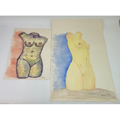 91 - Signed Julian lower right; Two contemporary unframed mixed media paintings depicting female torsos, ... 