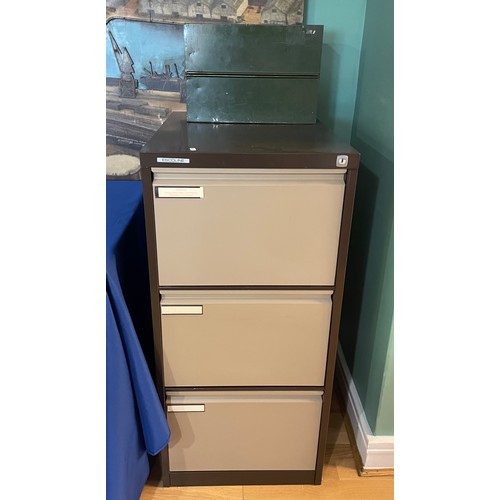 103 - A three drawer metal filing cabinet, 101x48cm, together with a metal file box. (2)