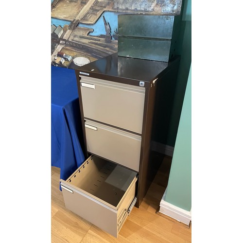 103 - A three drawer metal filing cabinet, 101x48cm, together with a metal file box. (2)