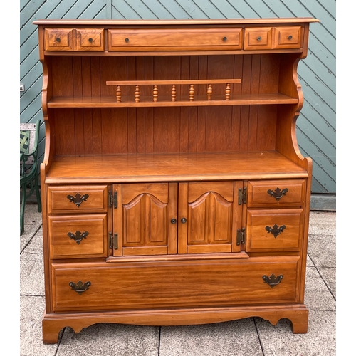 107 - A yew wood country style kitchen dresser, W118, H144, D42cm.