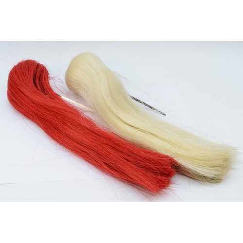 111 - Two military head piece horse hair plumes, red and white, with fixings, length 46cm