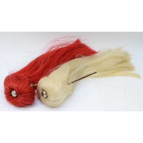 111 - Two military head piece horse hair plumes, red and white, with fixings, length 46cm