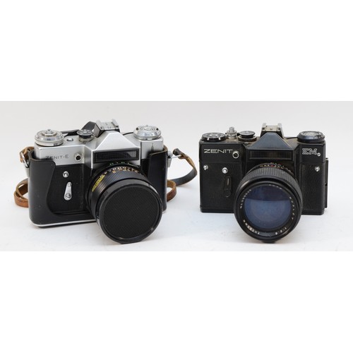 112 - Two vintage film SLR cameras to include a Zenit EM and a Zenit E together with a Zenit Helios 44-2 5... 