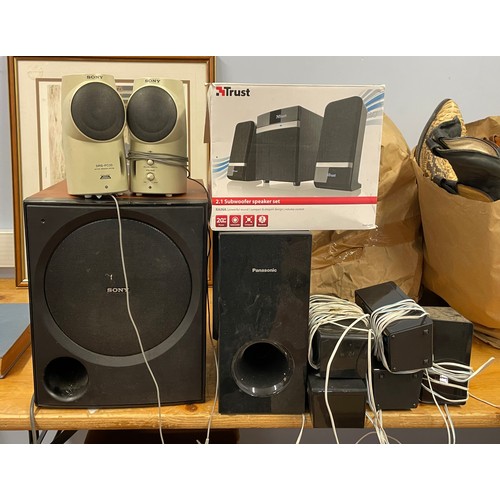 143 - A Panasonic surround sound system, model TT2KA00, a Sony Subwoofer model SA-WP780 and a Trust subwoo... 