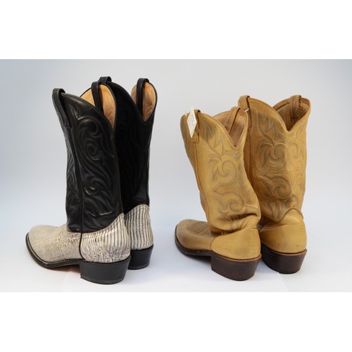 80 - Cowboy Boots, Pre-worn Leather, size 10½ E Black/Skin, together with size 10½ D Buff colour. (2)