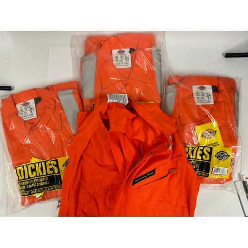 153 - Dickies orange firechief antistatic Pyrovatex coveralls x 4 WD5075, size 38R, 3 new in packs, 1 x lo... 