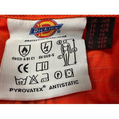 153 - Dickies orange firechief antistatic Pyrovatex coveralls x 4 WD5075, size 38R, 3 new in packs, 1 x lo... 