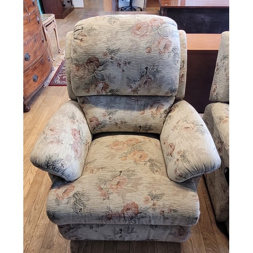 168 - A pair of modern manual recliner armchairs, upholstered in a floral chenille fabric, W90, H100cm. (2... 