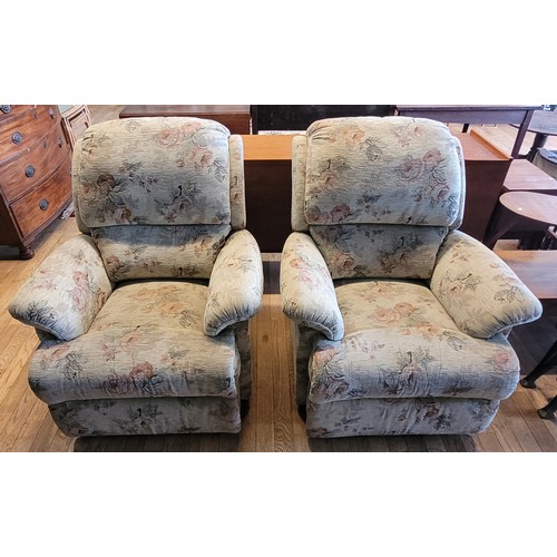 168 - A pair of modern manual recliner armchairs, upholstered in a floral chenille fabric, W90, H100cm. (2... 