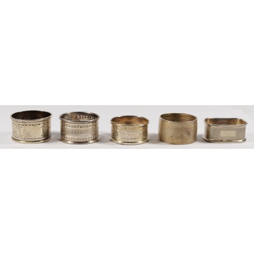 7 - Five silver napkin rings, various dates, 82gm